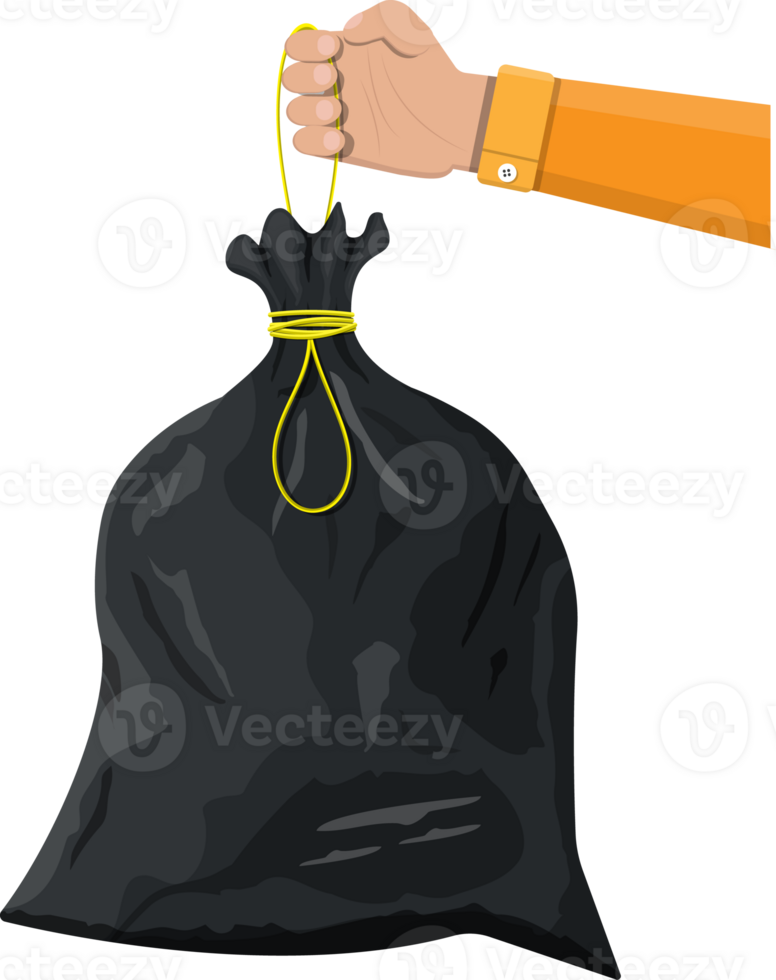 Plastic garbage bag with rope in hand png