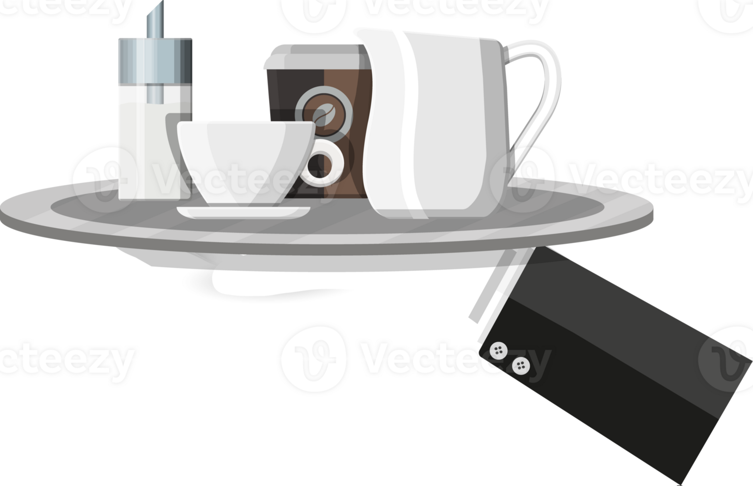 Coffee on saucer, milk jug, sugar dispenser png