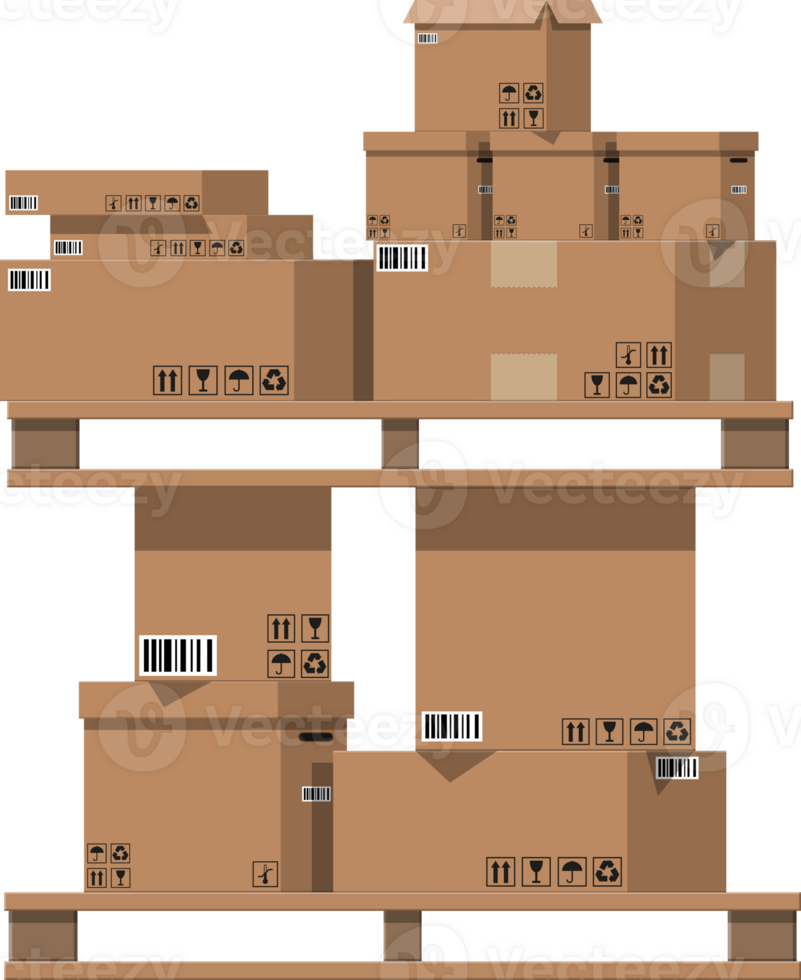 Pile cardboard boxes on wooden pallets png