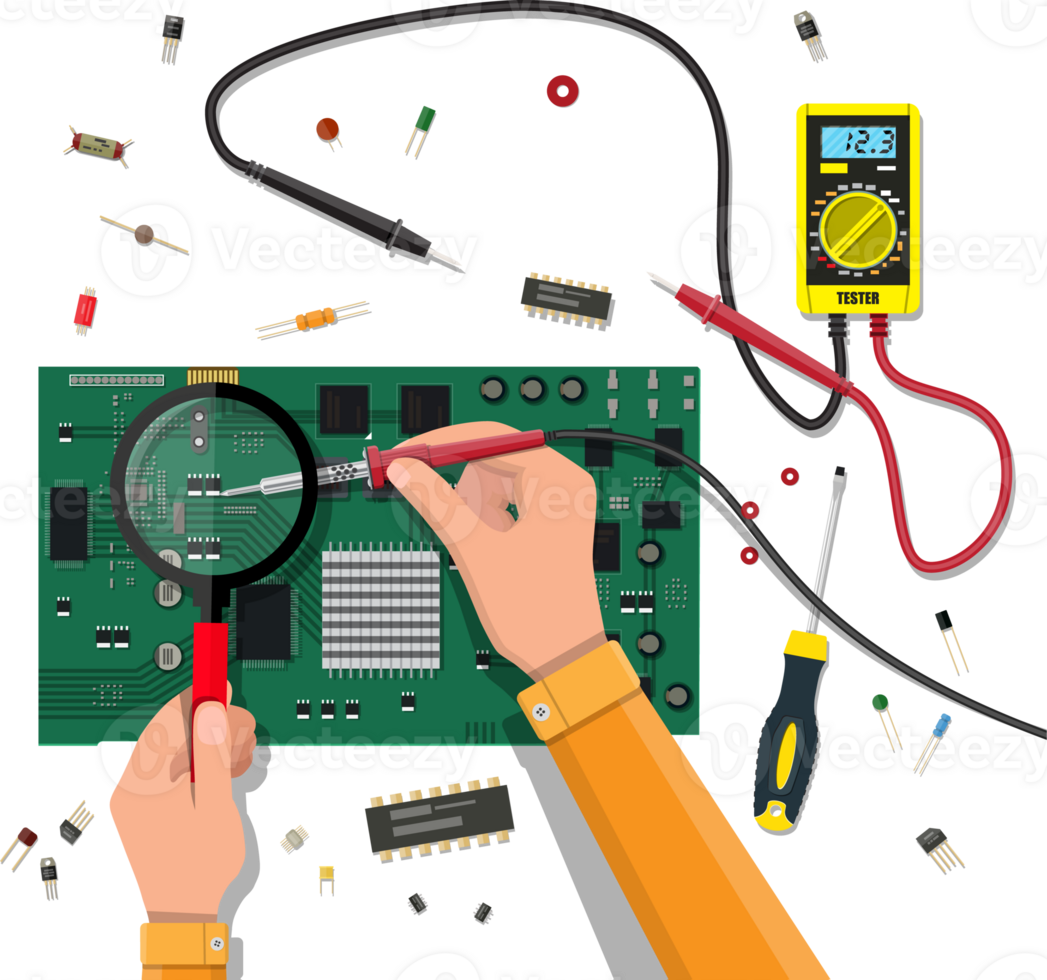 Engineer with multimeter checks motherboard png