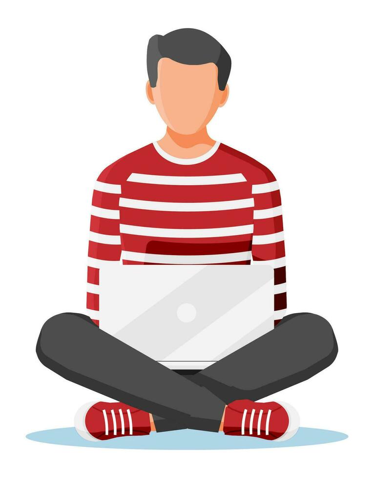 Young man sitting cross-legged and working on laptop. Boy in lotus pose with notebook. Creative job or studying concept. Freelance or remote work, online education. Cartoon flat vector illustration