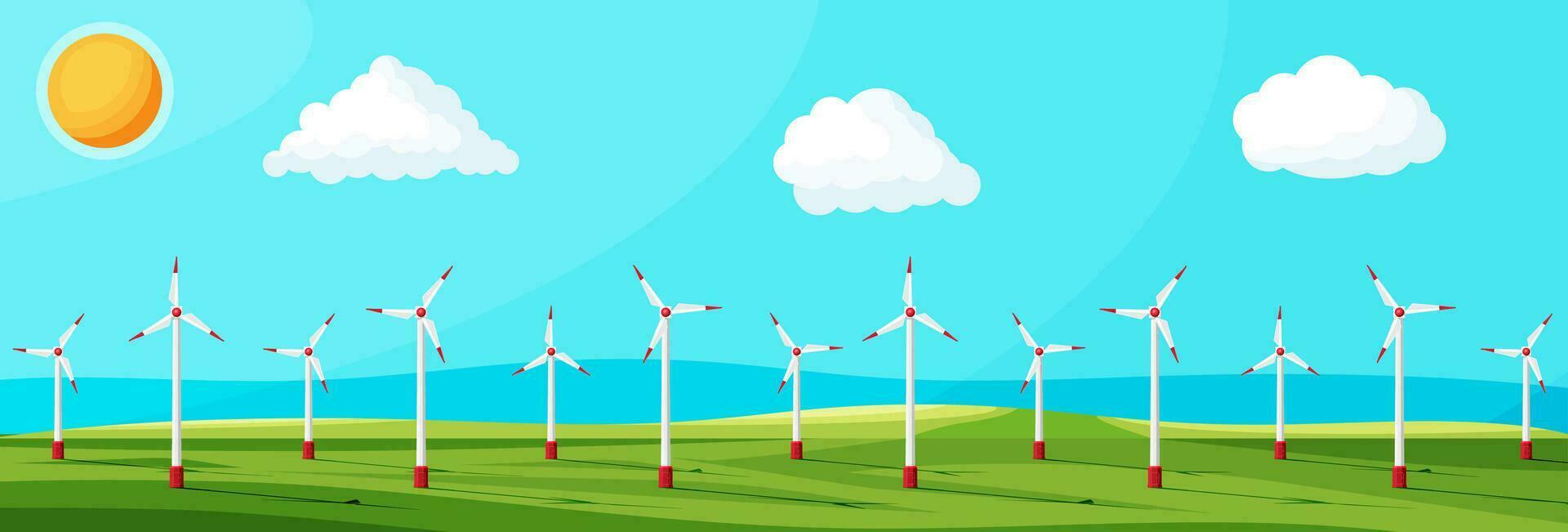 Wind Farm In Green Fields Among Trees. Nature Landscape With Modern Windmills. Green Energy Concept Banner. Ecology Alternative Energy Source Technology. Flat Vector Illustration