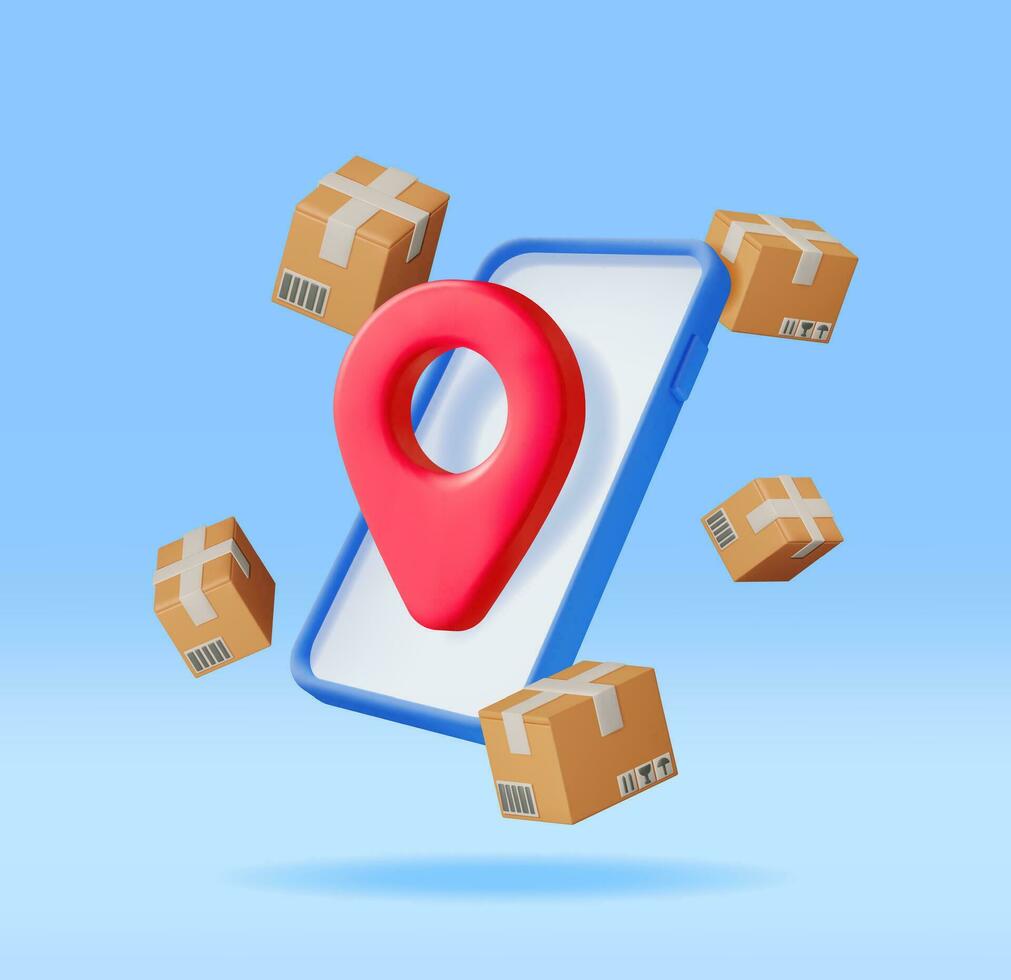 3D Carton Packaging Box with Location Pin in Smartphone. Render Cardboard Package with Cover. Postal Signs of Fragile. Carton Delivery Packaging. Transportation and Logistics. Vector Illustration