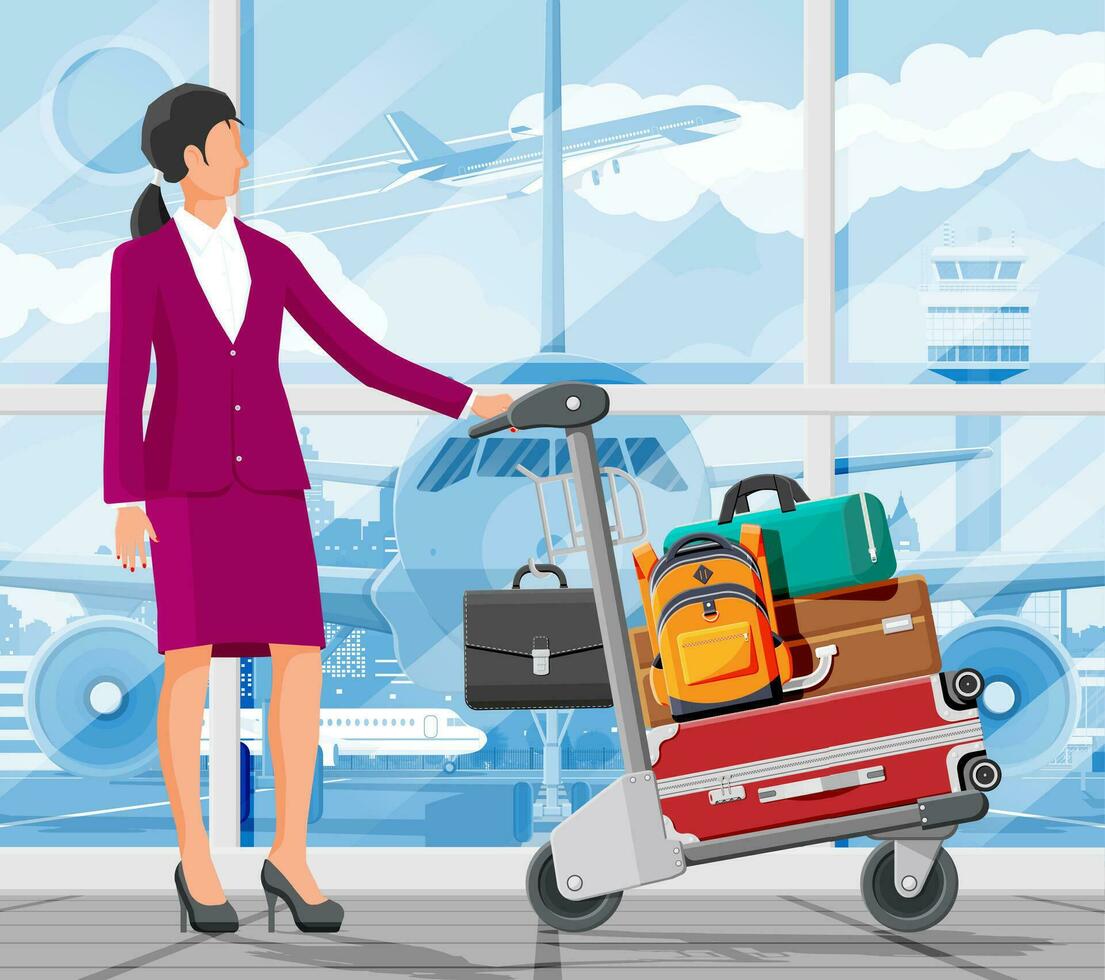 Woman And Hand Truck Full Of Bags In Terminal Interior. Glass Window Airfield. Airport Luggage Trolley. Hand Cart. Handcart For Baggage Or Luggage. Transportation Equipment. Flat Vector Illustration