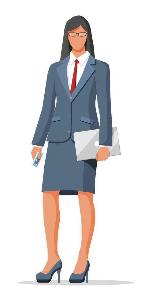 Businesswoman in grey suit isolated on white. Female character. Business woman with laptop and smartphone. Office employee or worker, manager, sales, bank clerk. Flat cartoon vector illustration