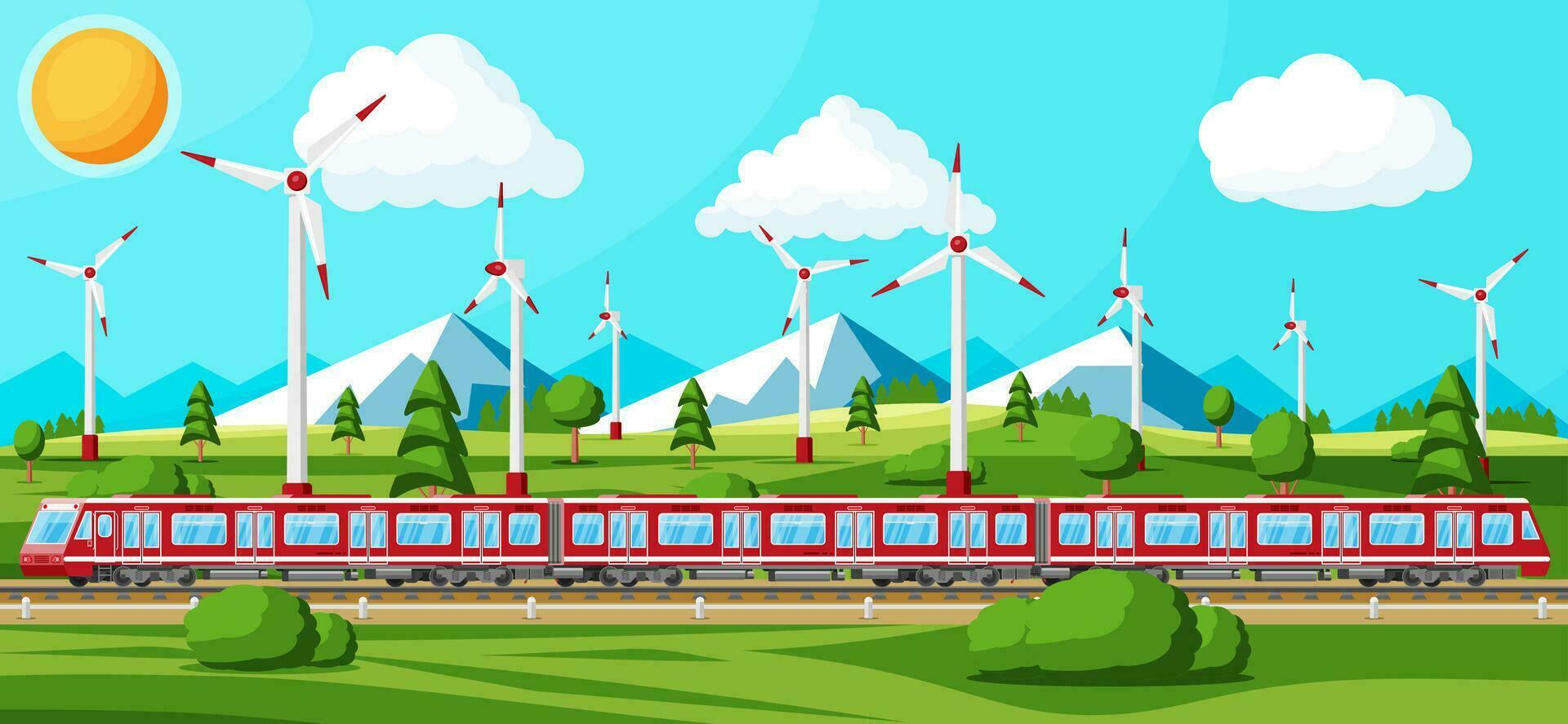 High Speed Train And Summer Landscape With Mountains. Super Streamlined Train. Passenger Express Railway Locomotive. Railroad Public Transportation. Rapid Transport Concept. Flat Vector Illustration