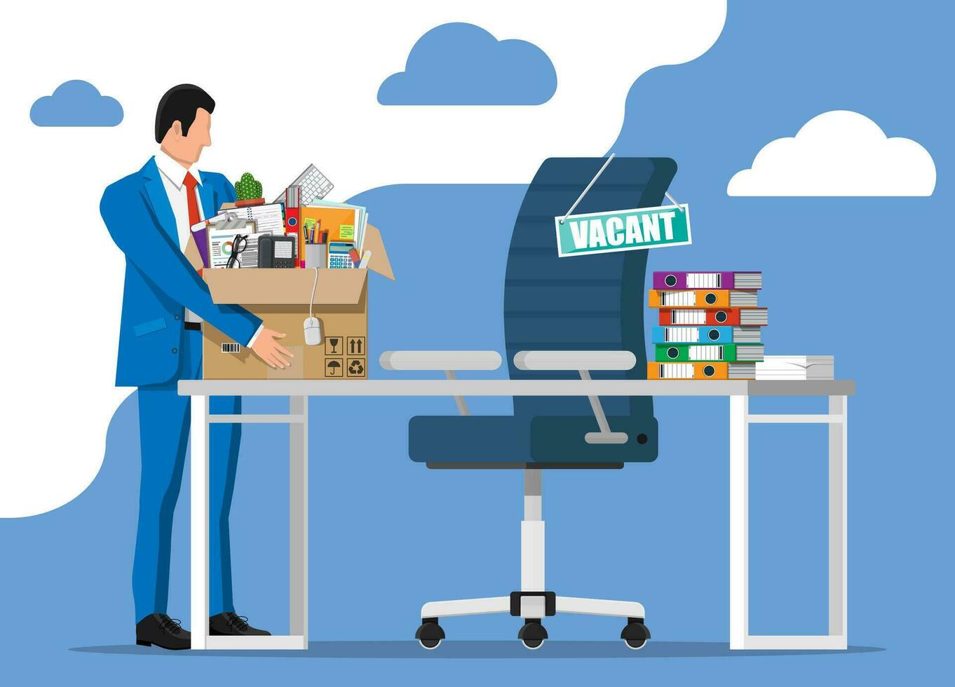 Office desk chair, sign vacancy. Employee with box with office goods. Hiring and recruiting. Human resources management, searching professional staff work. Found right resume. Flat vector illustration