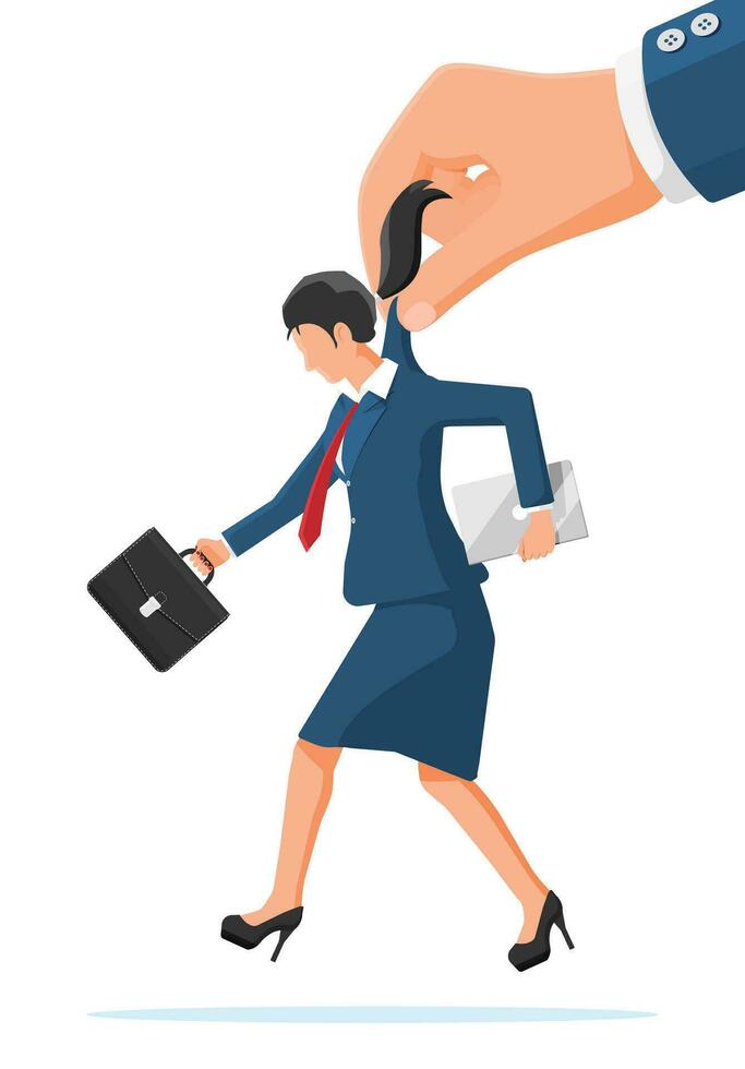 Big Hand Using Businesswoman for Control. Business Woman Marionette is Hanging on Suit. Hand of Puppeteer Holding Lady. Puppet Doll Worker, Abuse of Power, Manipulation. Flat Vector Illustration