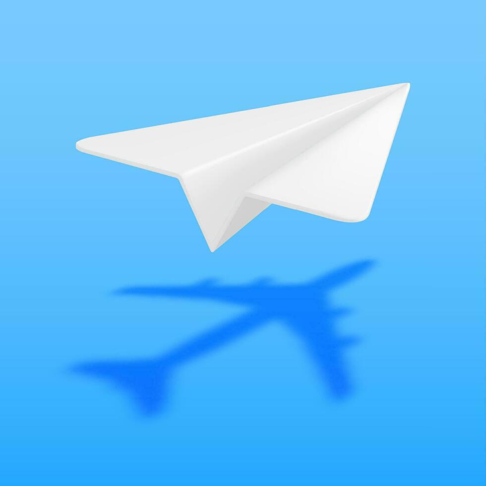 3D White Paper Plane Casting Shadow of Real Aviation Airplane. Render Airplane Leadership and Success. Diversity, Uniqueness and Individuality. Difference, Motivation and Growth. Vector Illustration