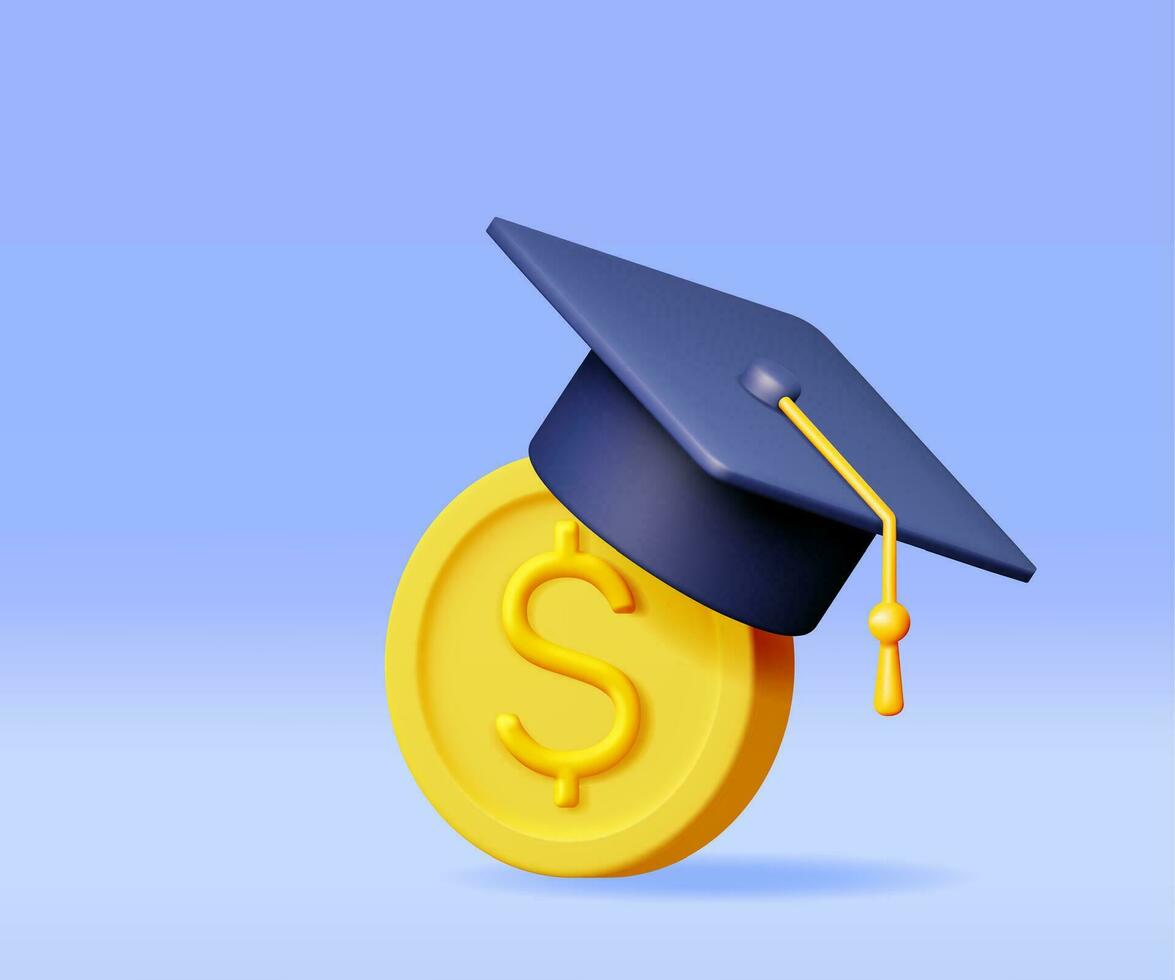 3d graduación gorra y oro moneda aislado. hacer dinero para educación, ahorros y inversión concepto. académico y colegio conocimiento. realista vector ilustración