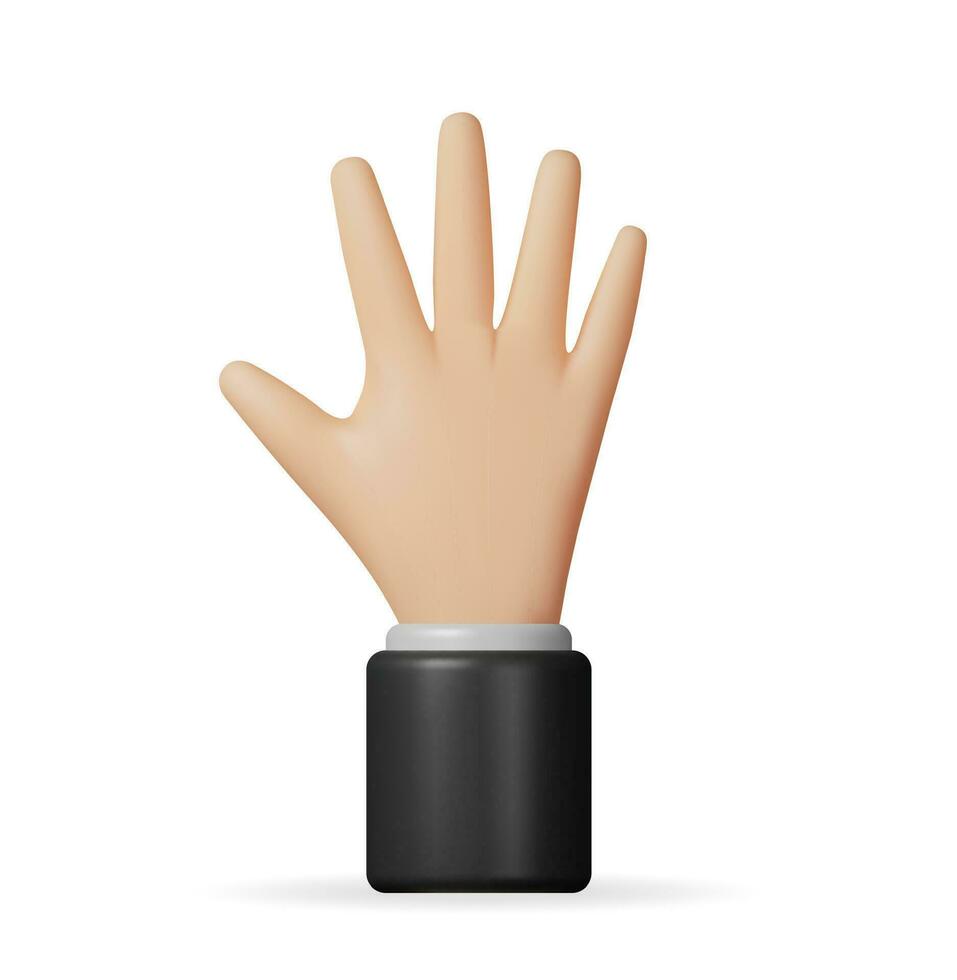 3d mano demostración cinco dedos aislado. hacer mano saludo símbolo. humano puño en buena voluntad gesto. emoji icono. abierto palma mano. 3d dibujos animados personaje signo. vector ilustración