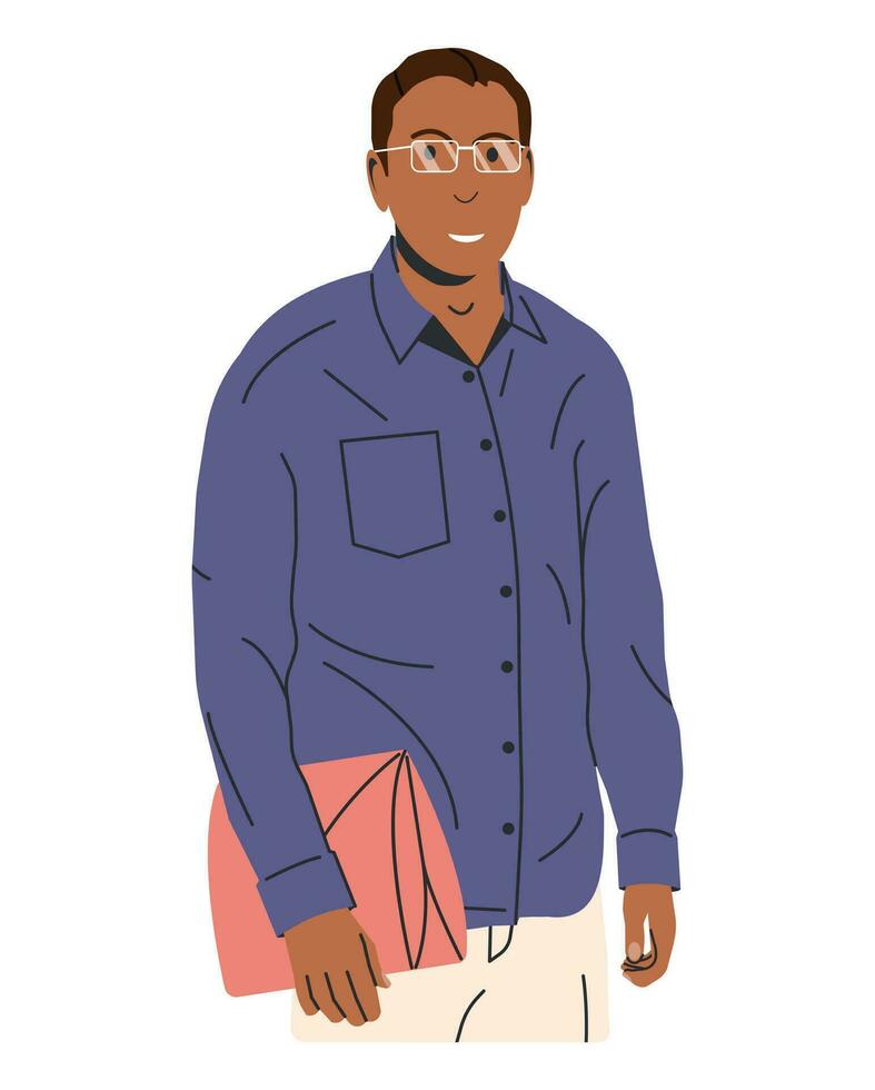 contento hombre en casual ropa con carpeta aislado. joven oficina trabajador en los anteojos. confidente empleado en pie en formal ropa. masculino personaje en camisa y pantalones. dibujos animados plano vector ilustración