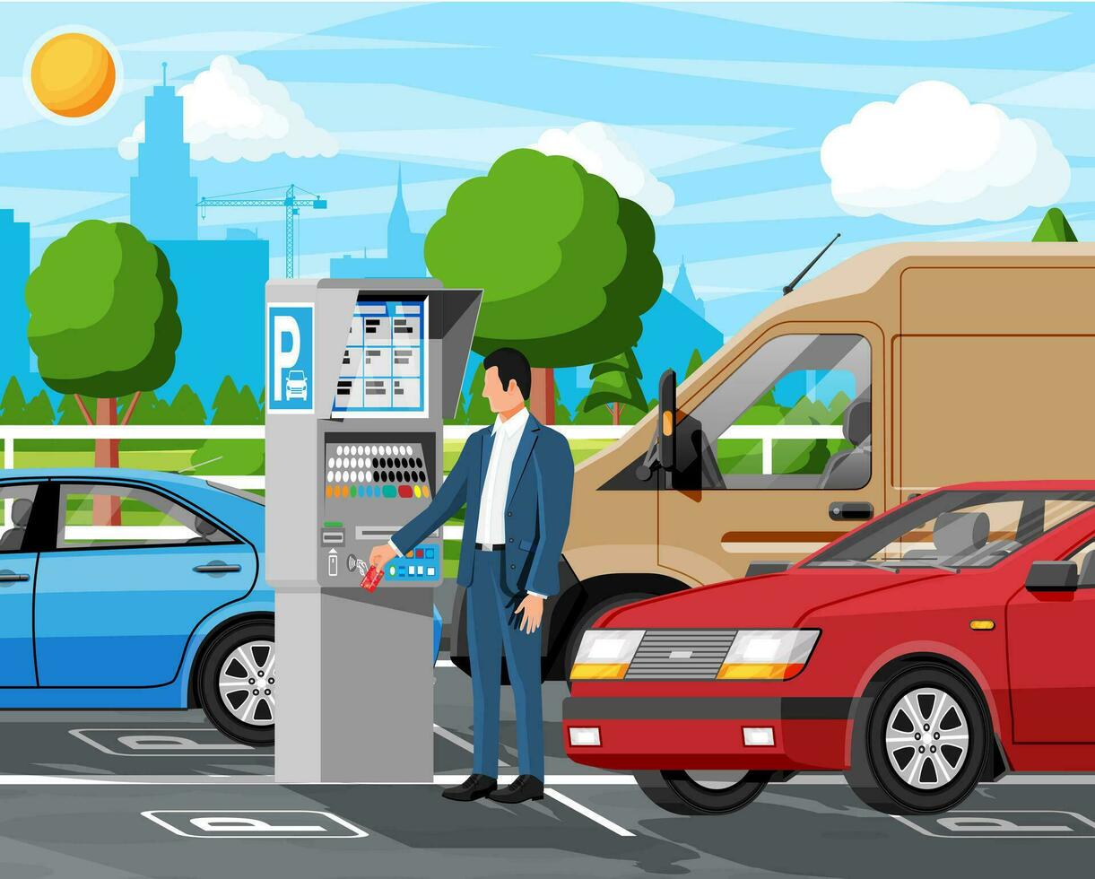 hombre pagar para coche parque con estacionamiento metro paisaje urbano boleto máquina icono. masculino coche conductor y sedán vehículo. yo Servicio estacionamiento pagar. electrónico pago Terminal. dibujos animados plano vector ilustración