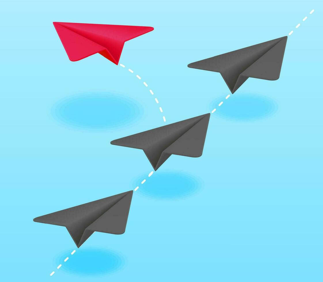 3D Red Paper Plane in Crowd of Grey Planes Isolated. Render Airplane Leadership and Success. Diversity, Uniqueness and Individuality. Concept of Difference, Motivation and Growth. Vector Illustration