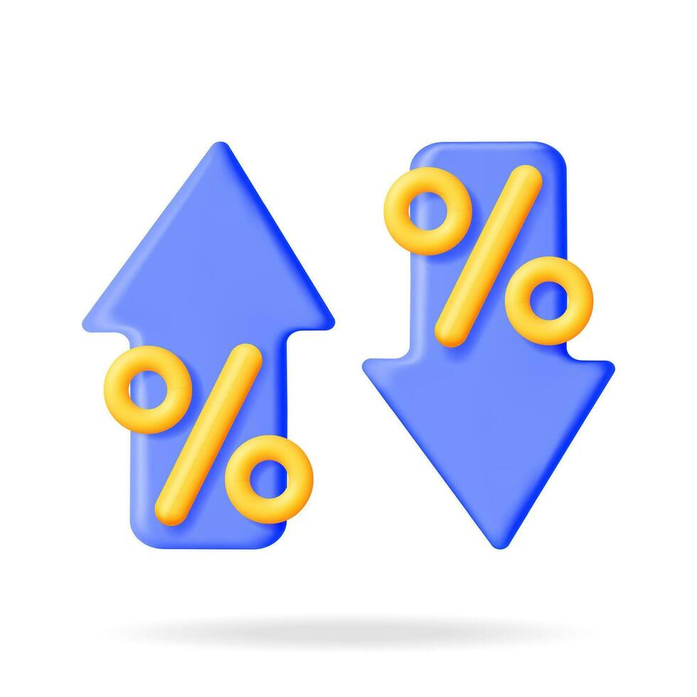 3d flecha arriba y abajo con porcentaje símbolo aislado. hacer crecimiento o éxito símbolo. negocio mercado ventas aumentar. financiero artículo, negocio inversión, inflación tasa. vector ilustración