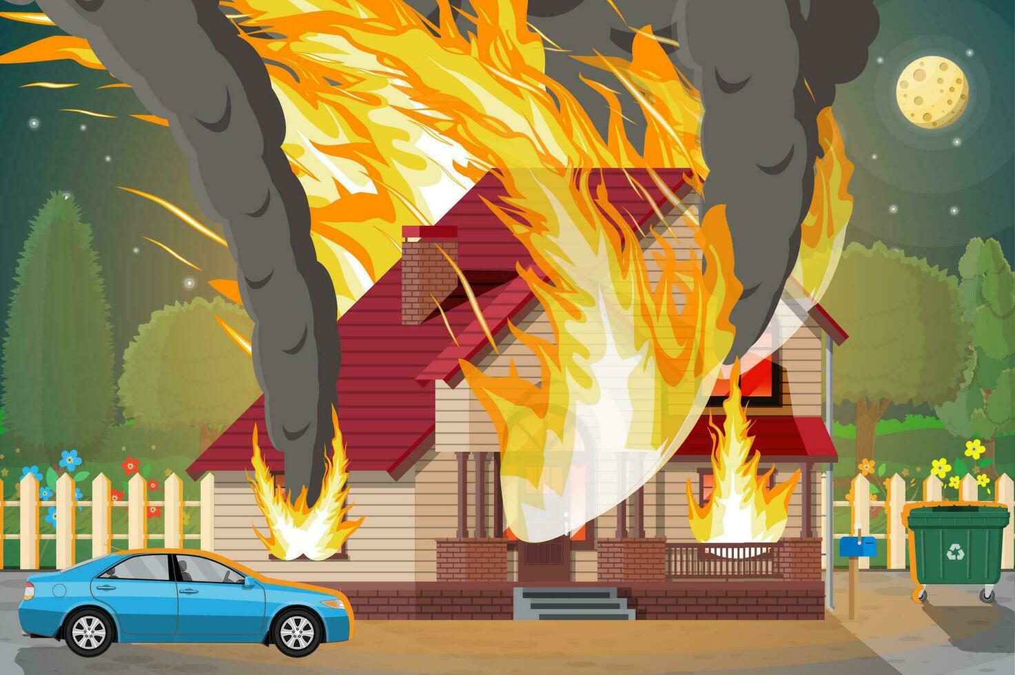 Wooden house burns. Fire in cottage. Orange flames in windows, black smoke with sparks. Property insurance. Nature landscape. Natural disaster concept. Vector illustration in flat style