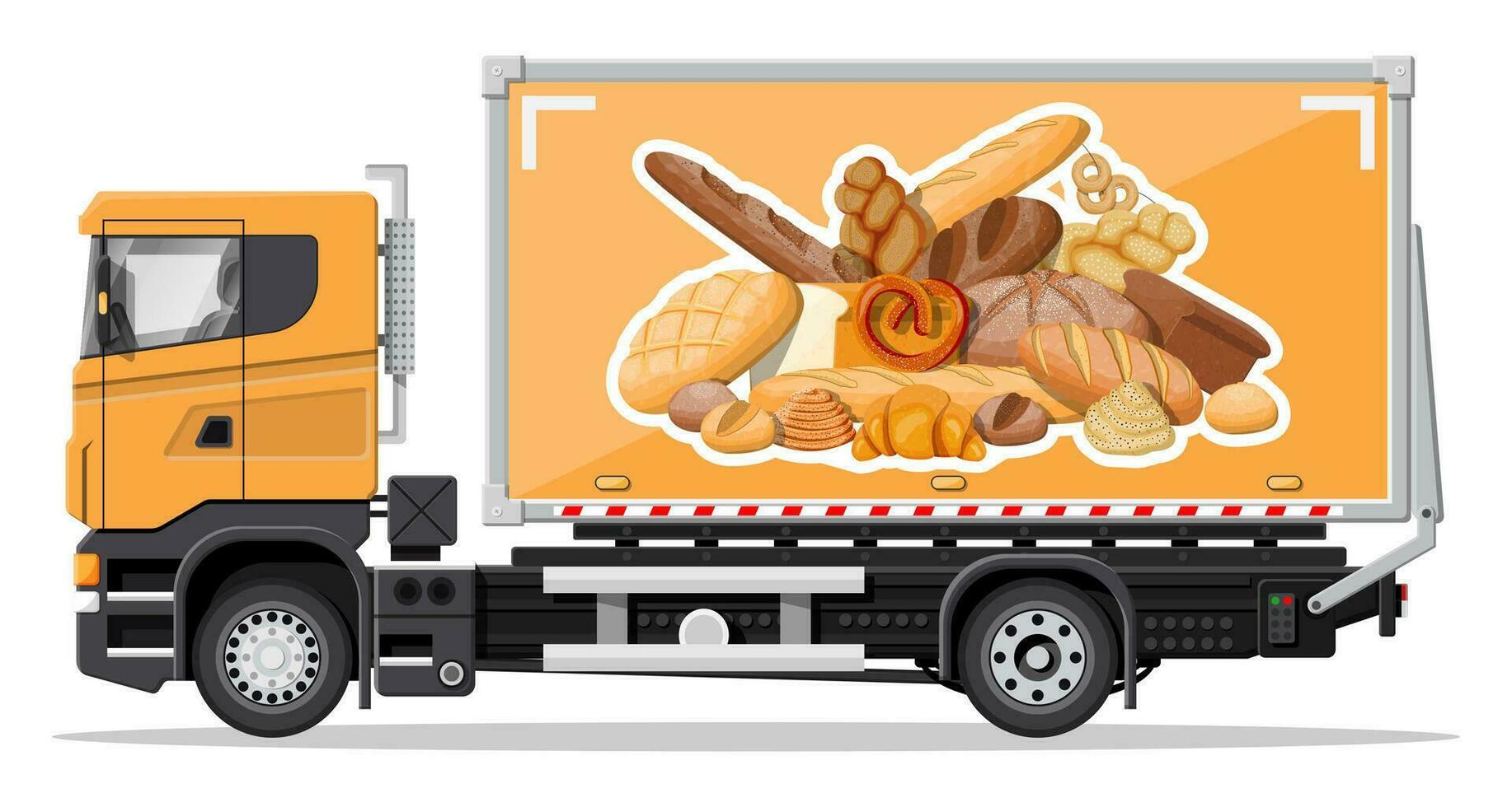 Truck car full of bread products. Shop and farm delivering service. Delivery and selling bread and grocery products concept. Loaf, baguette, rye. Cargo and logistic. Cartoon flat vector illustration