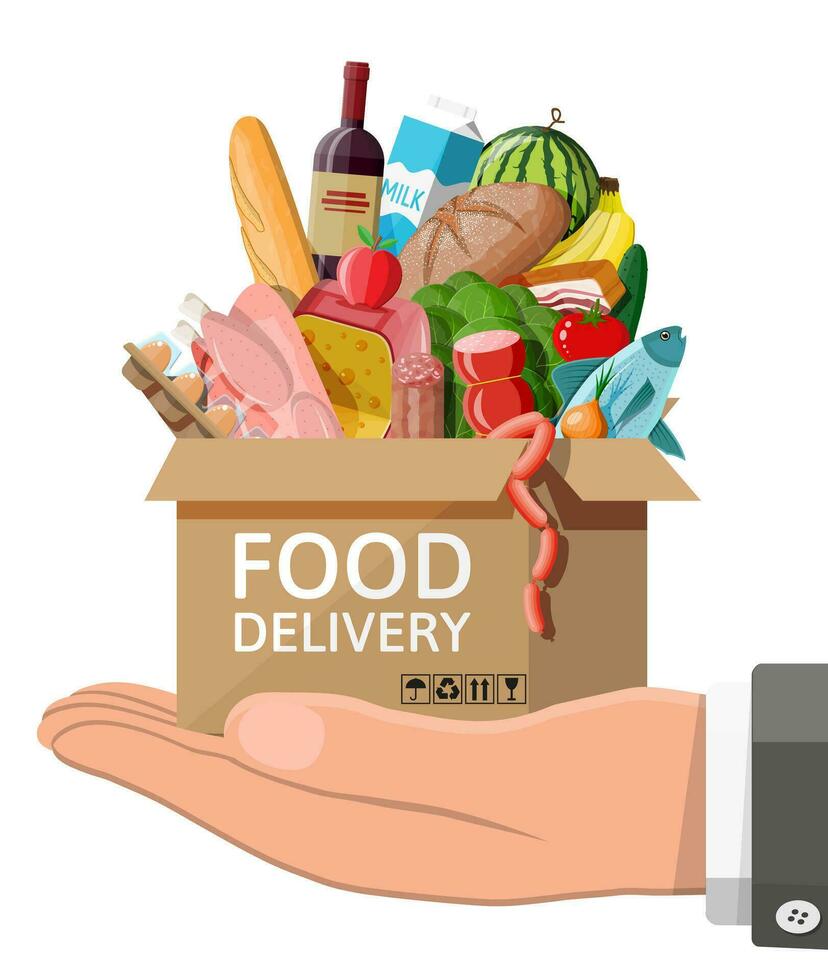 Cardboard box with fresh products in hand. Delivery concept. Grocery store, supermarket. Food and drinks. Milk, vegetables, meat, salad, bread cereal steak egg. Vector illustration flat style