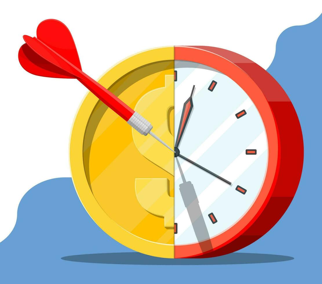 Target with dart and gold coin clocks. Goal setting. Smart goal. Business target concept. Achievement and success. Time is money. Vector illustration in flat style