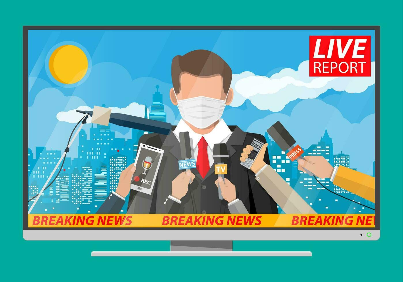 TV news anchorman in mask reads world news about covid-19 coronavirus ncov. Main news reader on television program. Media, journalism and press. Flat vector illustration