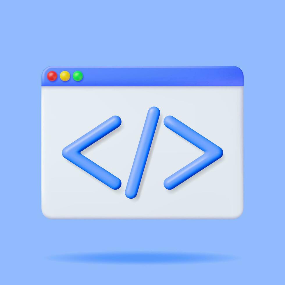 3d Code Icon Window Isolated on White. Render Python or Java Api Symbols. Computer Programming Language. Web Development HTML Code Interface. Coding Round Tag. Vector Illustration