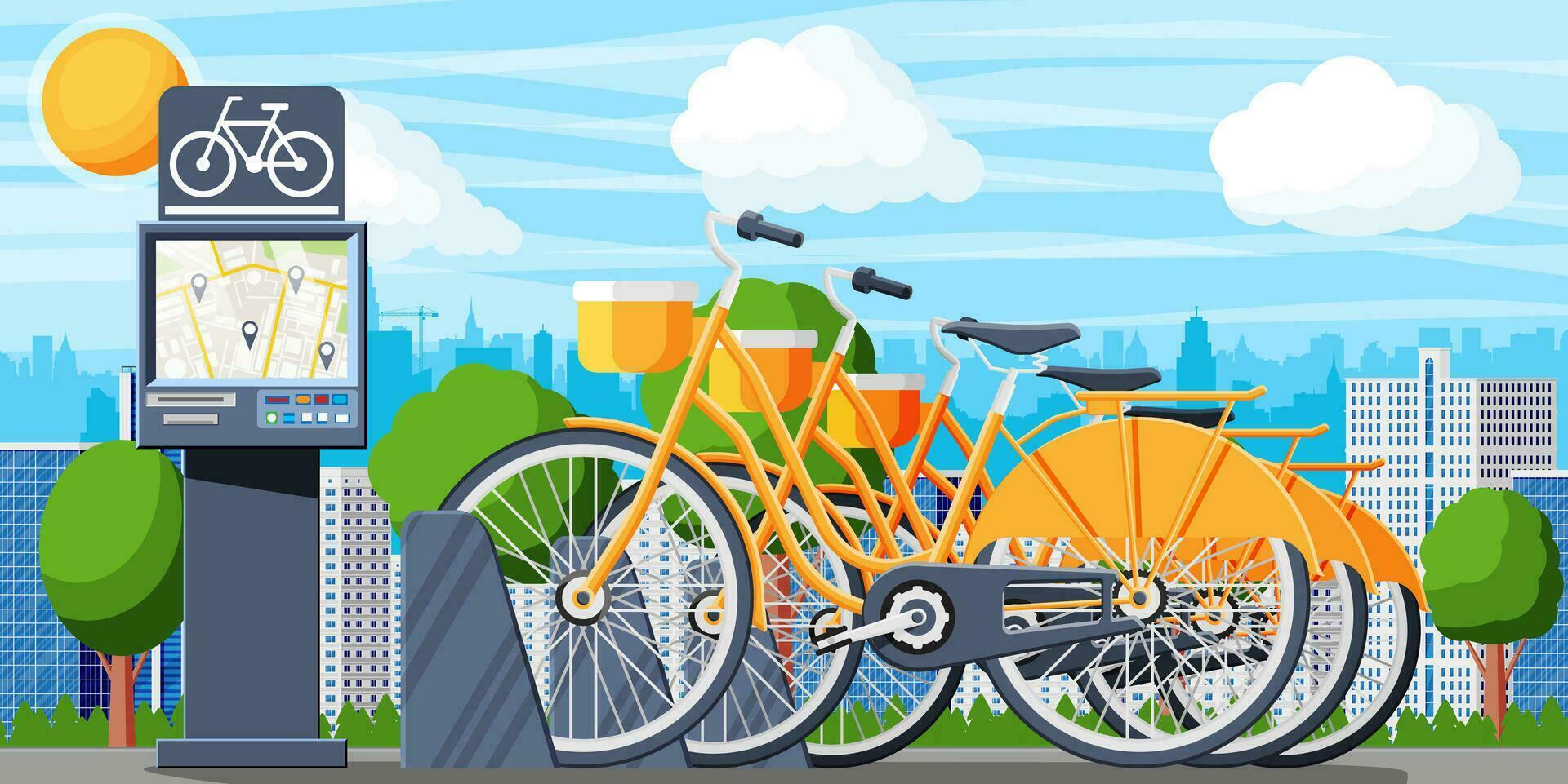 City Bicycle Sharing System and Urban Landscape. Bike Stand with Rental Bicycles. Bike on Docking Station and Electric Terminal. Urban Transportation Smart Service. Cartoon Flat Vector Illustration