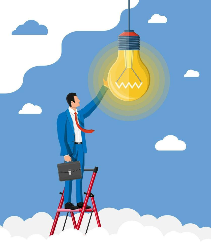 Businessman with biefcase on ladder creates new idea. Concept of creative idea or inspiration, business start up. Glass bulb with spiral in flat style. Vector illustration