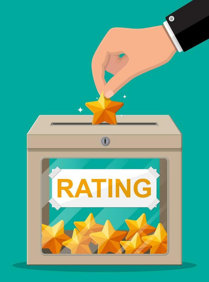 Rating box and hand with golden star. Reviews five stars. Testimonials, rating, feedback, survey, quality and review. Vector illustration in flat style