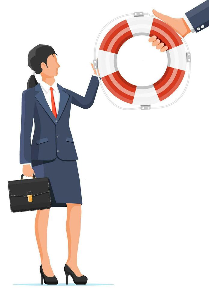Desperate businesswoman getting lifebuoy. Helping business to survive. Help, support, survival, investment, obstacle crisis. Risk management. Flat vector illustration