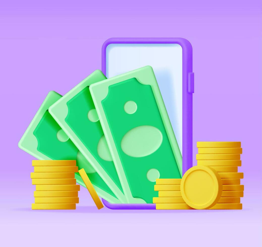 3D Phone with Money on Screen Isolated. Render Smartphone Digital Wallet. Dollar Bills and Coins on Mobile Phone. Growth, Income, Savings, Investment, Deposit. Mobile Banking. Vector illustration.