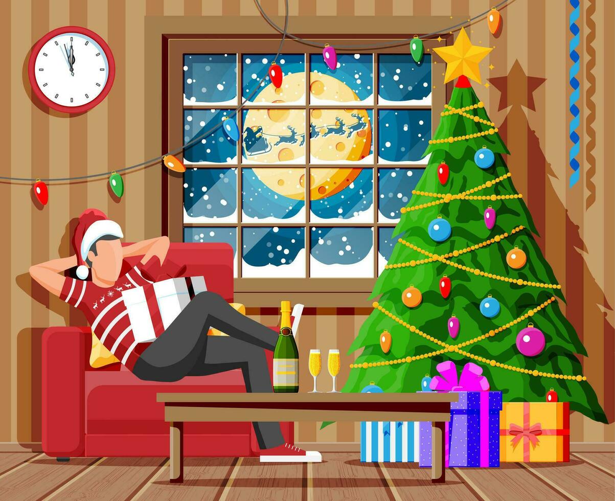 acogedor interior de vivo habitación con ventana, hombre en sillón, mesa, Navidad árbol. contento nuevo año decoración. alegre Navidad día festivo. nuevo año y Navidad celebracion. dibujos animados plano vector ilustración