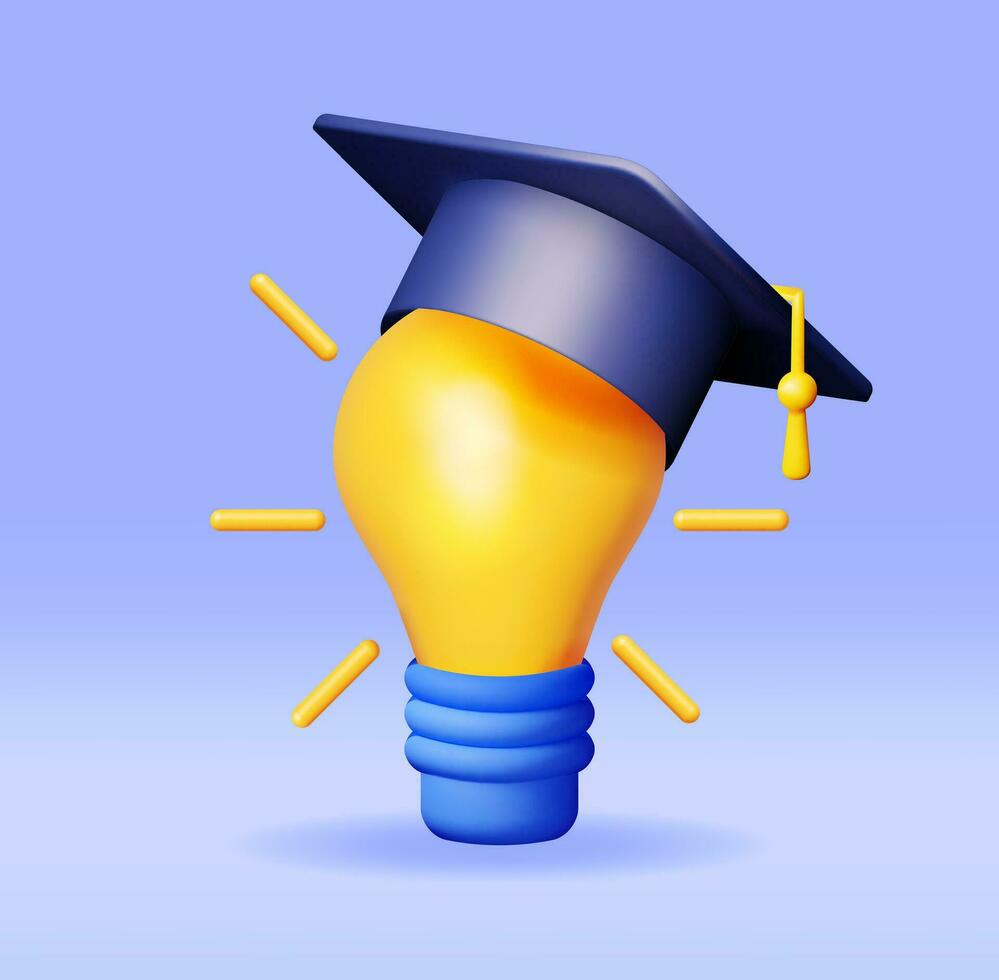 3d ligero idea bulbo con graduación gorra aislado. hacer dibujos animados amarillo idea bulbo en graduación sombrero. creativo idea inspiración. lluvia de ideas, aprendiendo. negocio solución puesta en marcha. vector ilustración