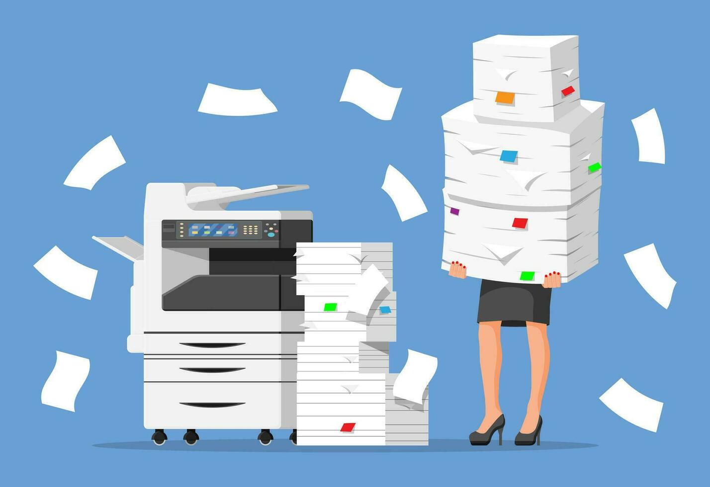 Stressed businesswoman holds pile of office documents. Overworked business woman with stacks of papers. Stress at work. Bureaucracy, paperwork, big data. Vector illustration in flat style