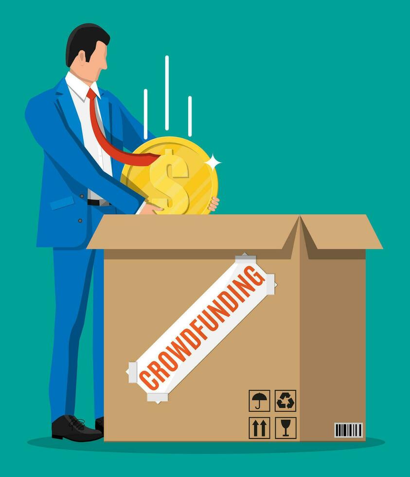 Businessman, cardboard box and money. Funding project by raising monetary contributions from people. Crowdfunding concept, startup or new business model. Vector illustration in flat style