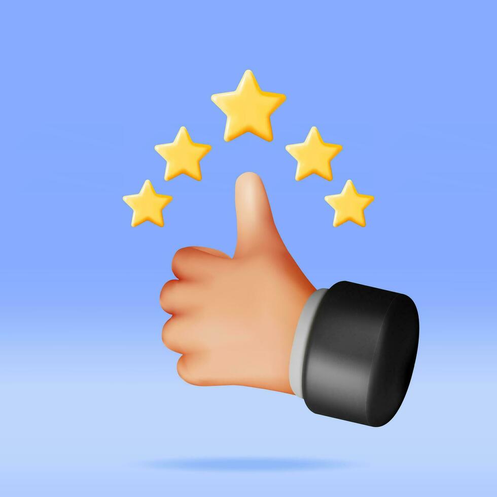 3D Thumb Up Pointing at Five Gold Star Rating Isolated. Reviews Five Star Realistic Render. Testimonials, Rating, Feedback, Survey, Quality and Review. Achievements or Goal. Vector Illustration