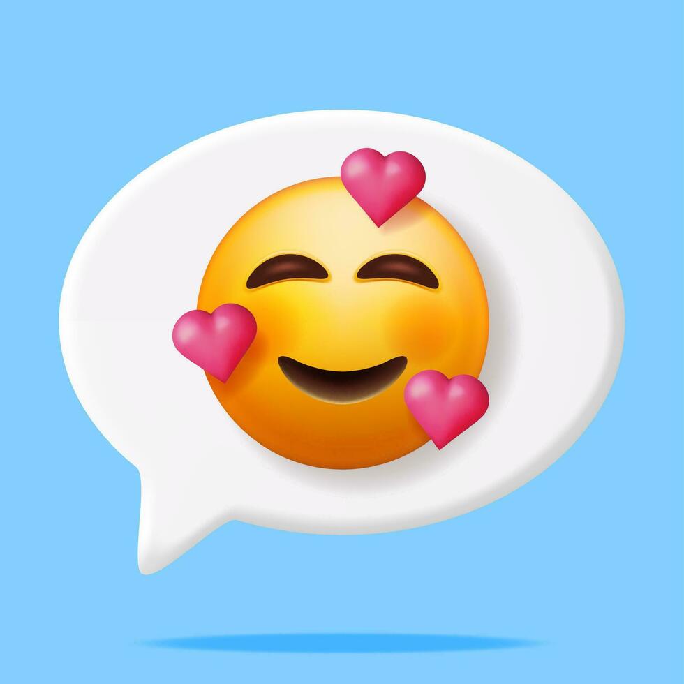 3D Yellow Happy Emoticon with Three Hearts in Speech Bubble. Render Heart on Face and Open Smile Emoji. Happy Face Simple. Communication, Web, Social Network Media, App Button. Vector Illustration