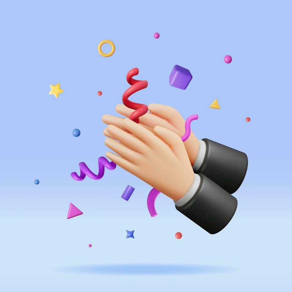 3D Human Hands Clapping Isolated on White. Render Cartoon Applaud Hands. Rubbing or Clapping Gesture Icon. Gesturing, Congratulation, Appreciation or Excitement. Vector Illustration