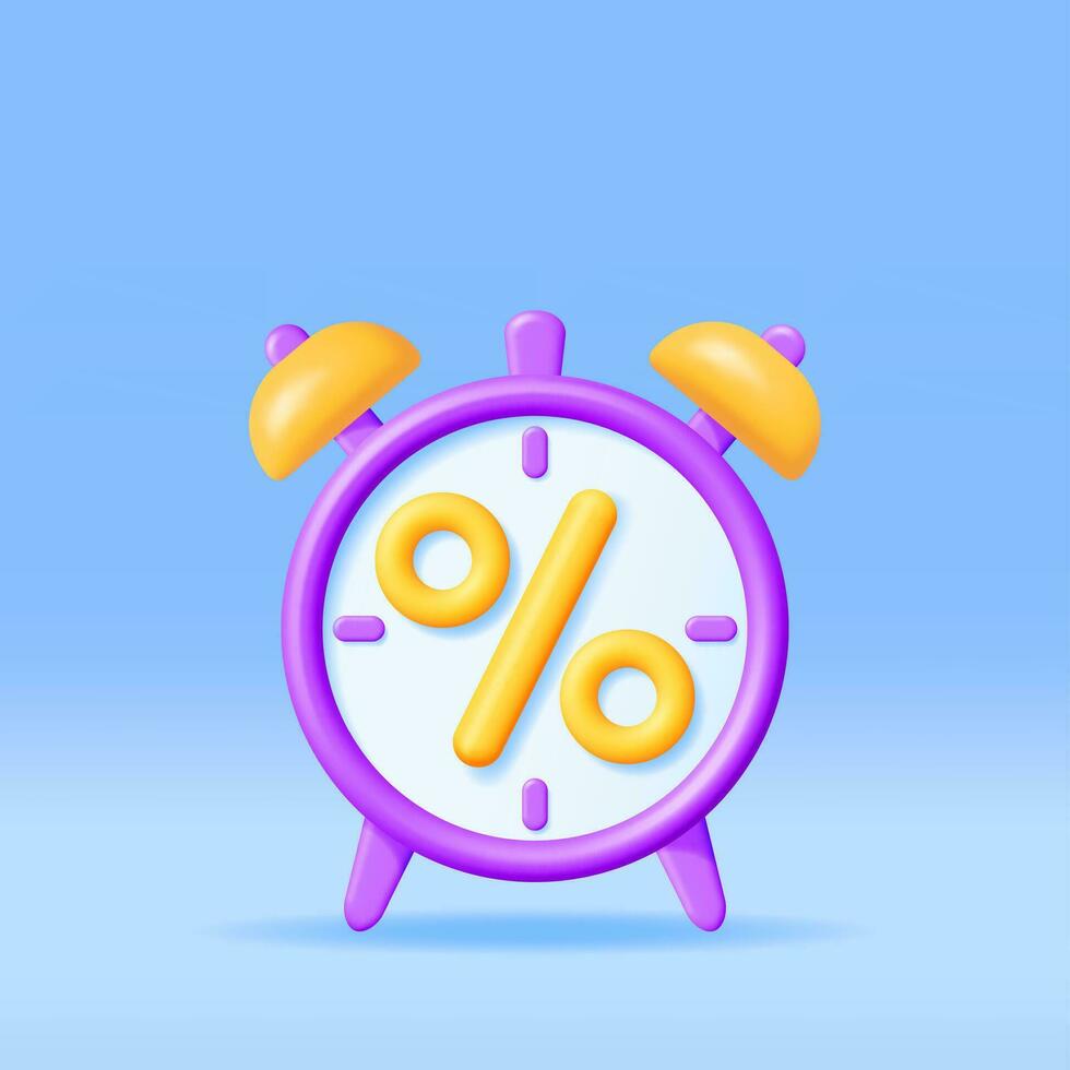 3D Alarm Clock with Percentage Sign Isolated. Render Clocks with Percent Symbol. Financial Investment or Return of Investment. Bank Deposit, Income. Discount, Flash Sale. Vector Illustration