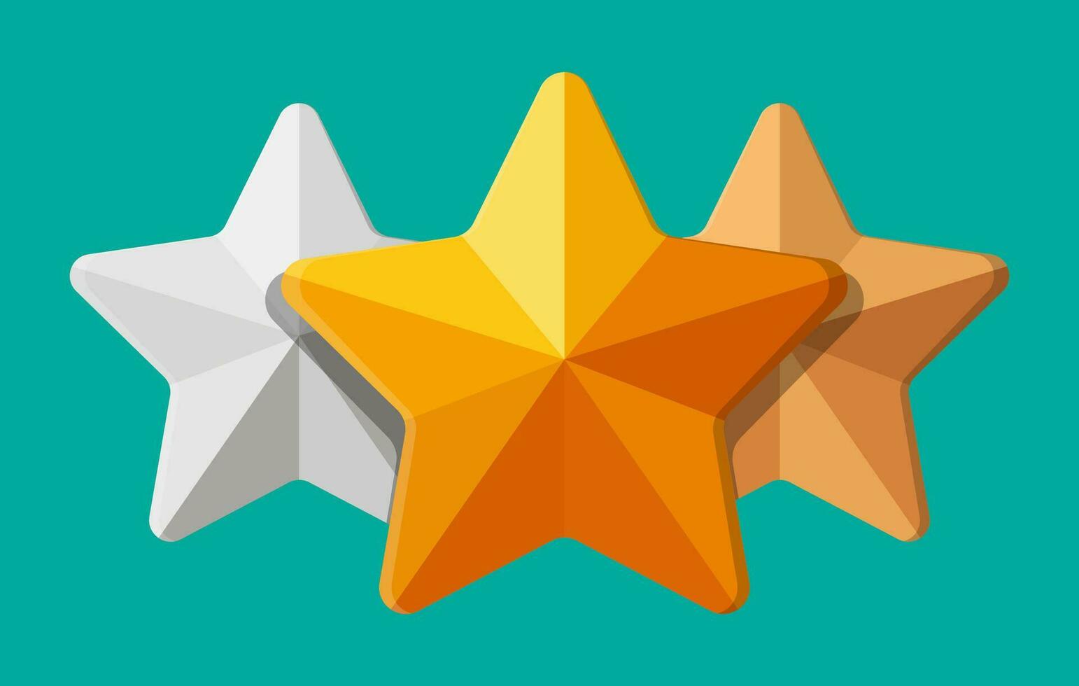 Star shape ornament. Five corner star. Gold, silver and bronze awards. Symbol of wealth, trophy or prize. Vector illustration in flat style