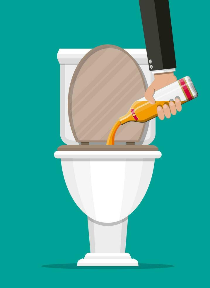 Alcohol abuse concept. Hand pours whiskey in toilet. Bottle of bourbon. Stop alcoholism. Rejection. Vector illustration in flat style.