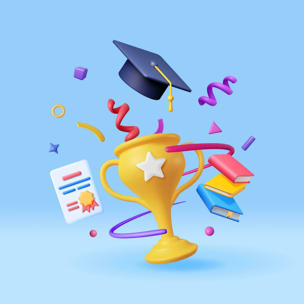 3D Gold Trophy, Books Stack and Graduation Cap Isolated. Render Golden Cup and Education Hat. Diploma or Accreditation. Goal and Achievement. Business Graduation Concept. Vector Illustration
