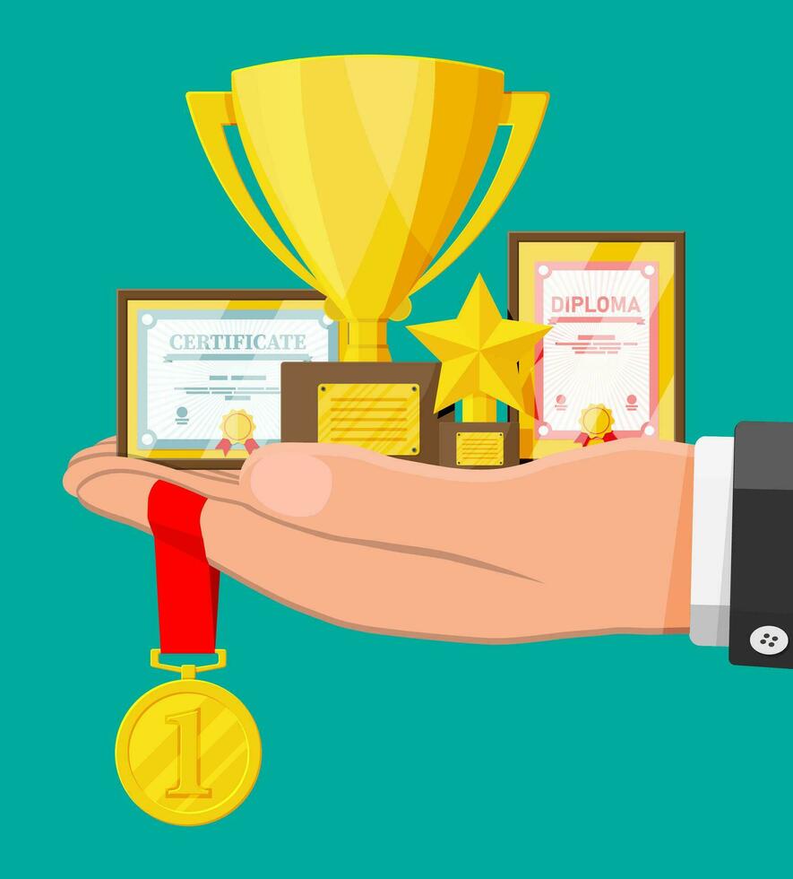 Trophy and awards collection in hand. Diploma and certificate in frames. Competition prizes, cups and medals. Award, victory, goal, champion achievement. Vector illustration in flat style