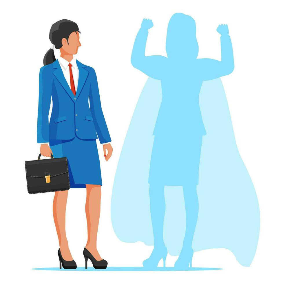 Businesswoman with superhero shadow. Super hero business woman shows muscles. Ambition and business success concept. Achievement and goal. Vector illustration in flat style