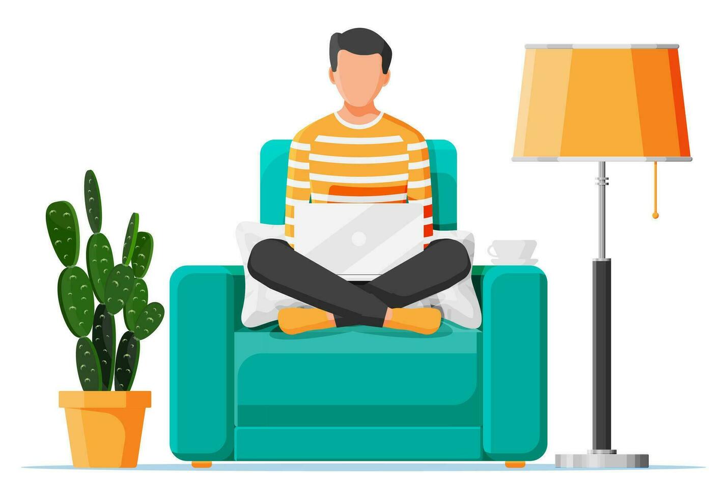 Freelancer boy in armchair works at home. Comfortable workplace interior with plant, floor lamp. Young man in chair with laptop, cup of drink. Remote work online education. Flat vector illustration