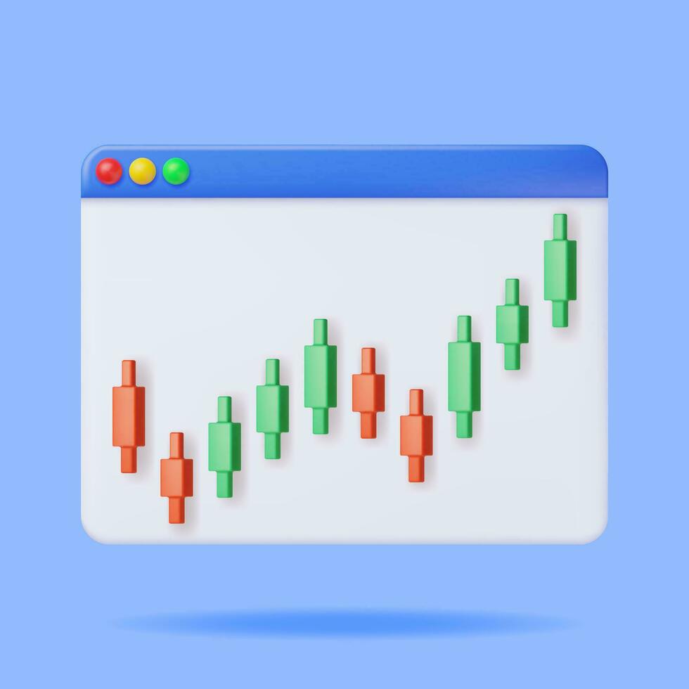 3D Growth Stock Diagram in Window Isolated. Render Stock Candle Shows Growth or Success. Financial Item, Business Investment, Financial Market Trade. Money and Banking. Vector Illustration