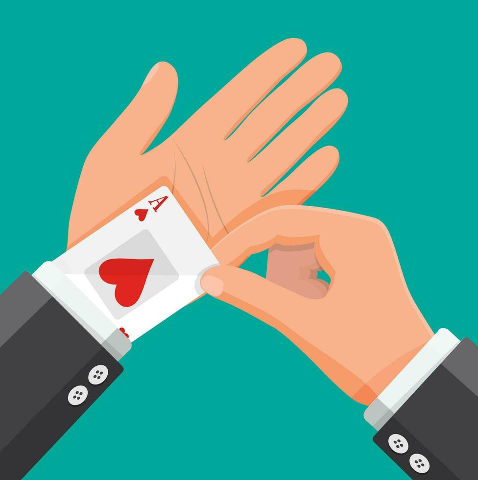 Businessman hides aces playing cards in his sleeve. Ace in the pocket. Concept of backup or plan B, second chance. Cheating at play, luck or business success. Flat vector illustration