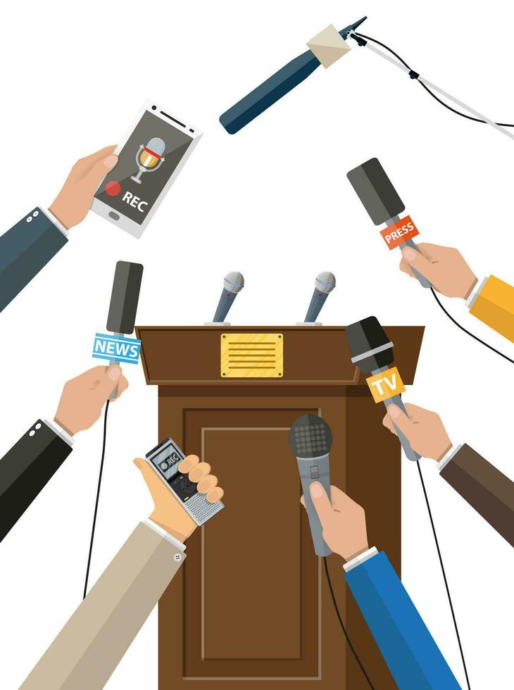 Rostrum, tribune and hands of journalists with microphones and digital voice recorders. Press conference concept, news, media, journalism. Vector illustration in flat style