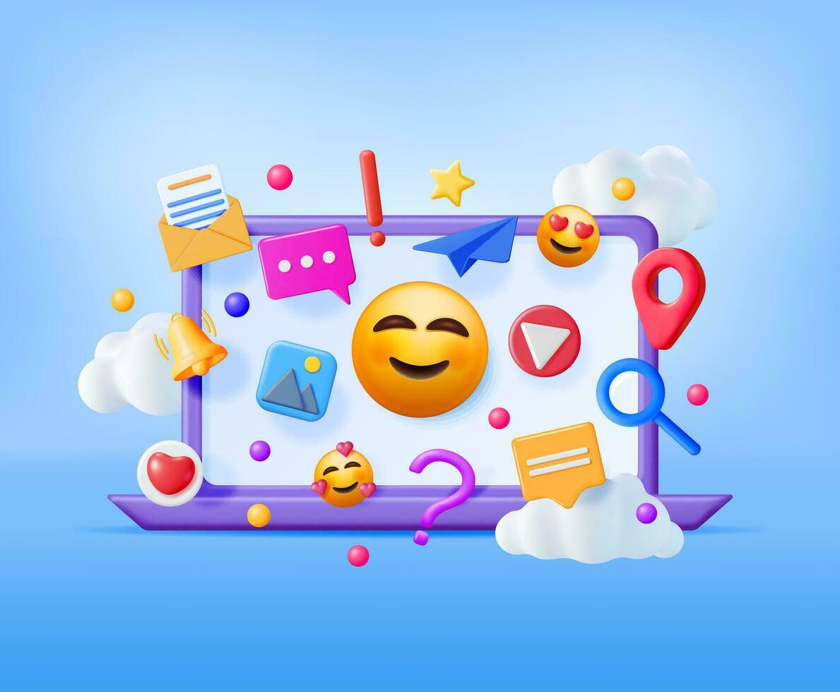 3D Social Media Concept Isolated. Render Computer with Colorful Social Network Icon. Chat Bubble, Like Button, Exclamation Question Mark, Notification Bell. Online Communication. Vector Illustration