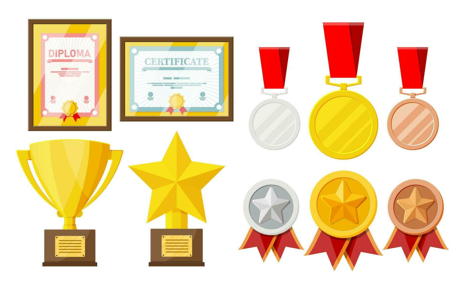 Trophy and awards collection. Diploma and certificate in frames. Competition prizes, cups and medals. Award, victory, goal, champion achievement. Vector illustration in flat style