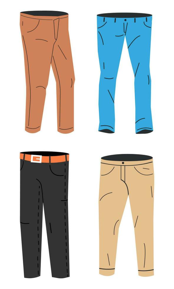 Male Jeans Models Collection. Set of Man Denim Shorts, Trousers or Pants. Casual Trendy Clothes for Men. Skinny, Flared and Classic Jeans. Cartoon Flat Vector Illustration